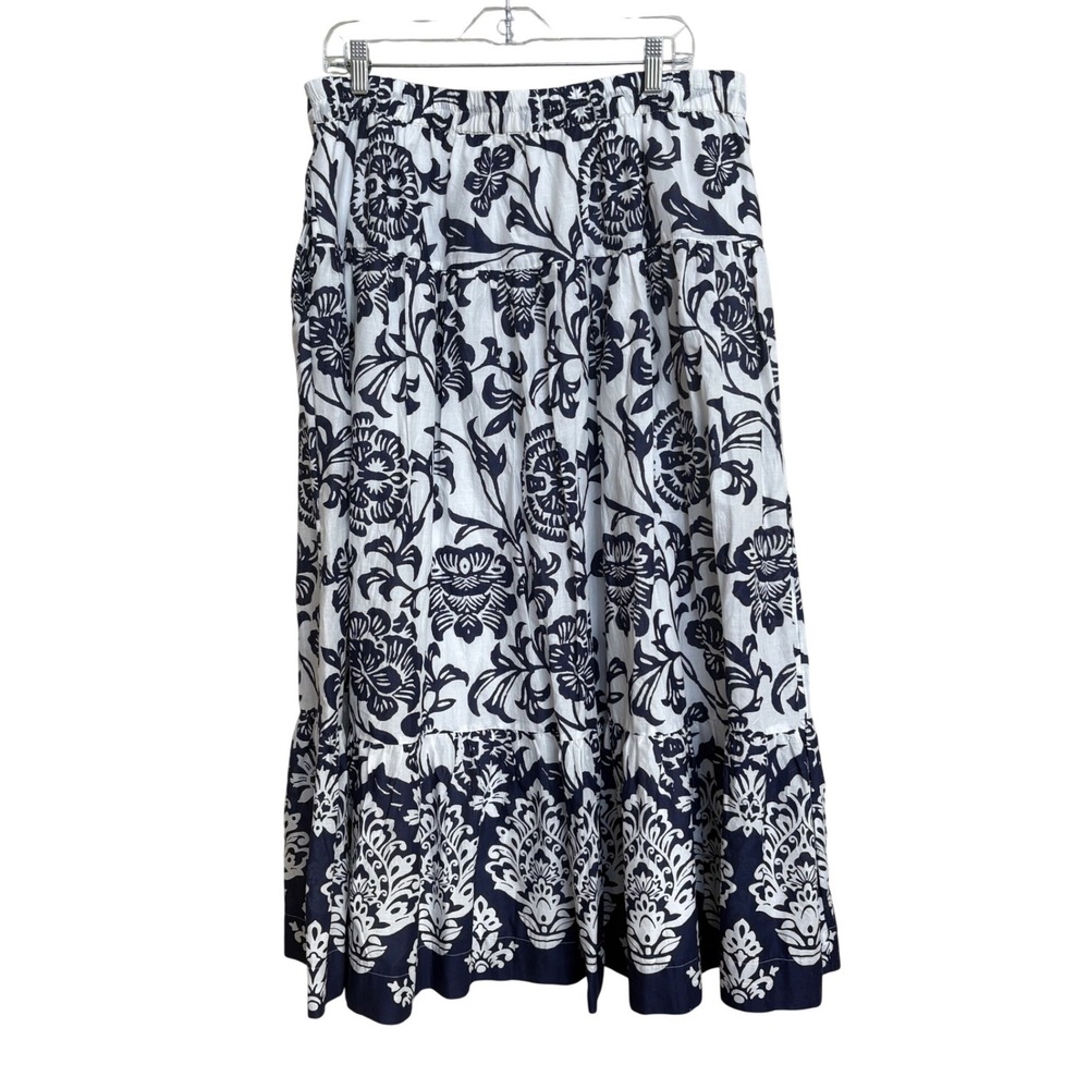 Soft Surroundings Navy White Floral Tiered Cotton Maxi Skirt Elastic Waist L - Picture 3 of 8